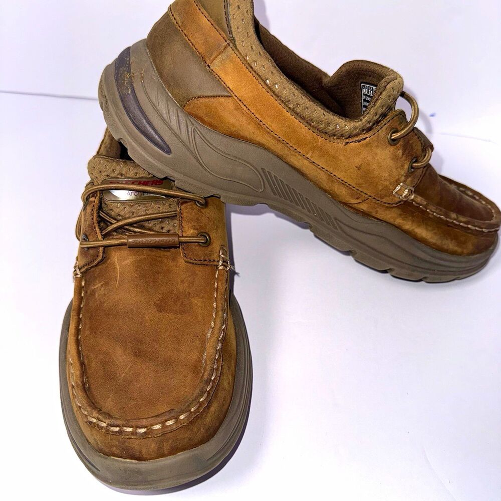Skechers Arch Fit Men’s Leather Boat Shoe Lace Up Brown US 8.5 Cushioned